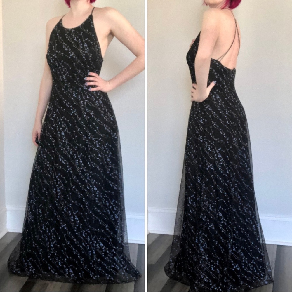 Vintage 90s Papell Evening High Neck Backless Mesh Overlay Glitter Dress